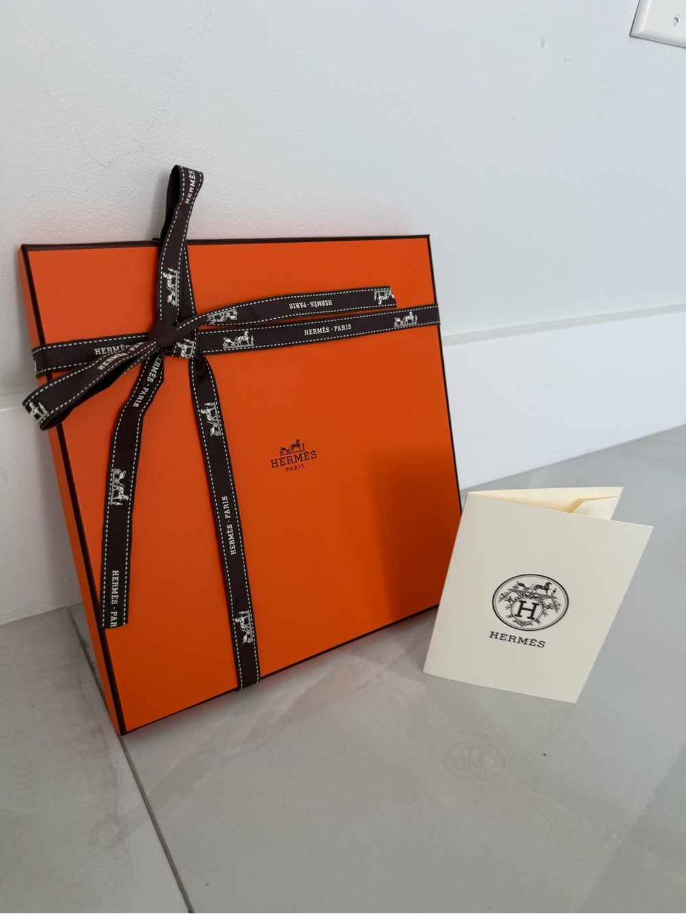 Iconic Hermes Scarf Gift Box with Logo Ribbon and Receipt Holder
